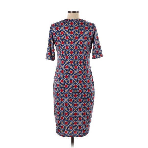 LuLaRoe LLR Julia Dress Blue Gold Red Large Knee Length Short Sleeve - Picture 2 of 2